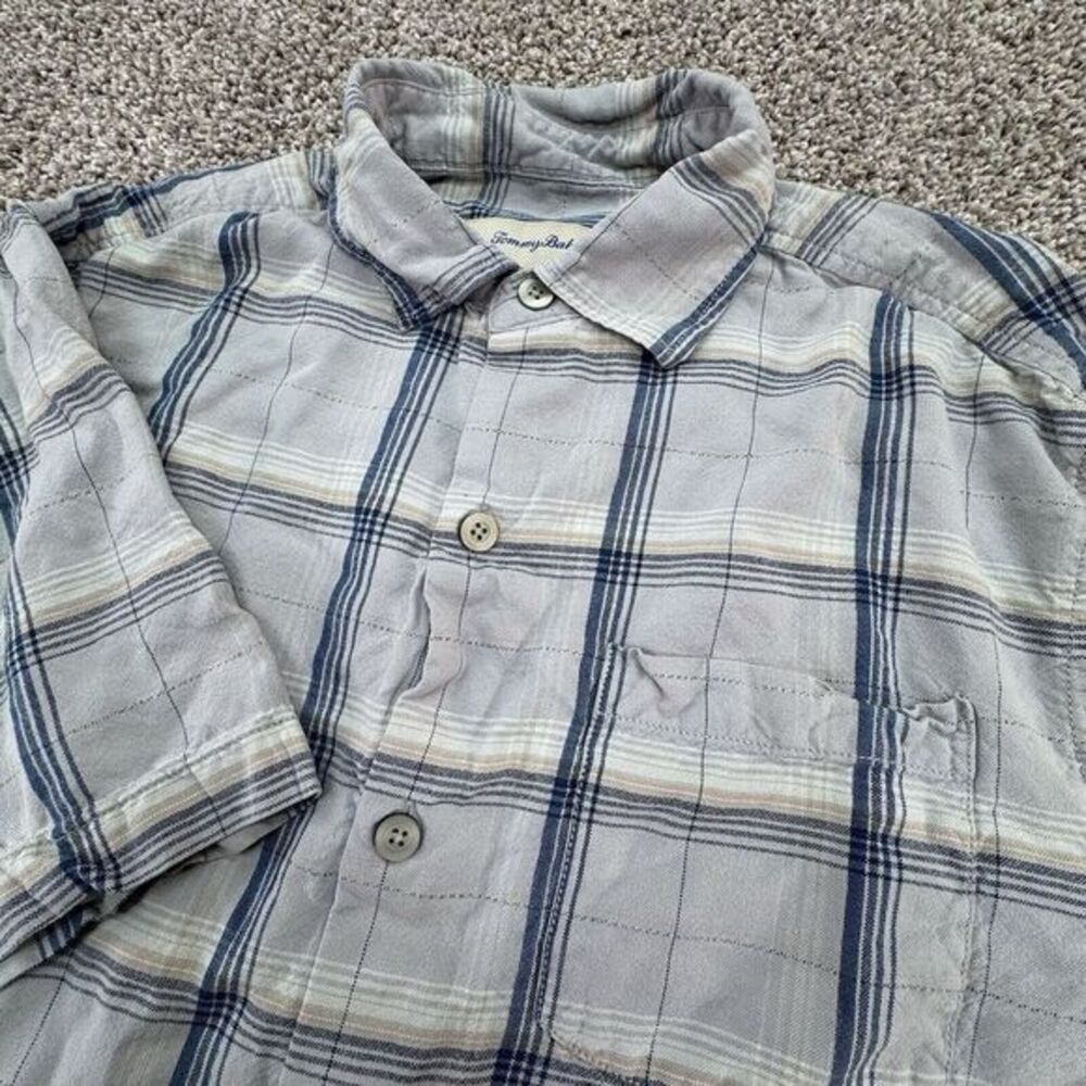 TOMMY BAHAMA Mens Original Fit Short Sleeve Shirt Small Grey Check‎ Silk
